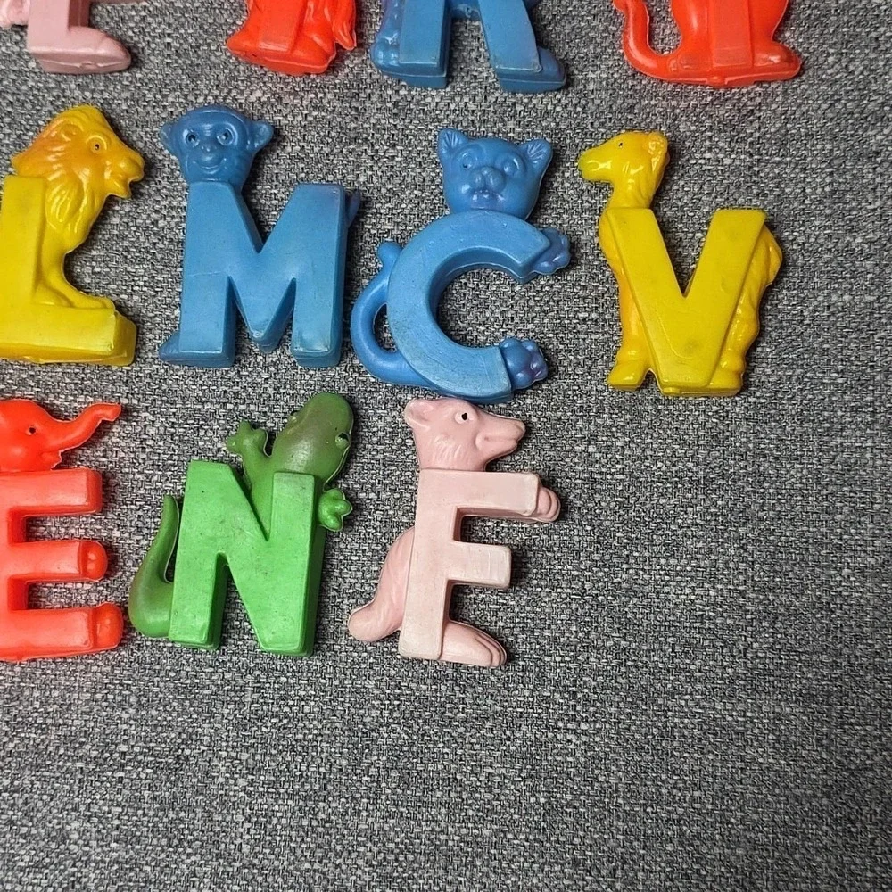 Vintage Blow Mold Soft Plastic ABC Letters Blocks Animals Nursery Toy Decor 60's